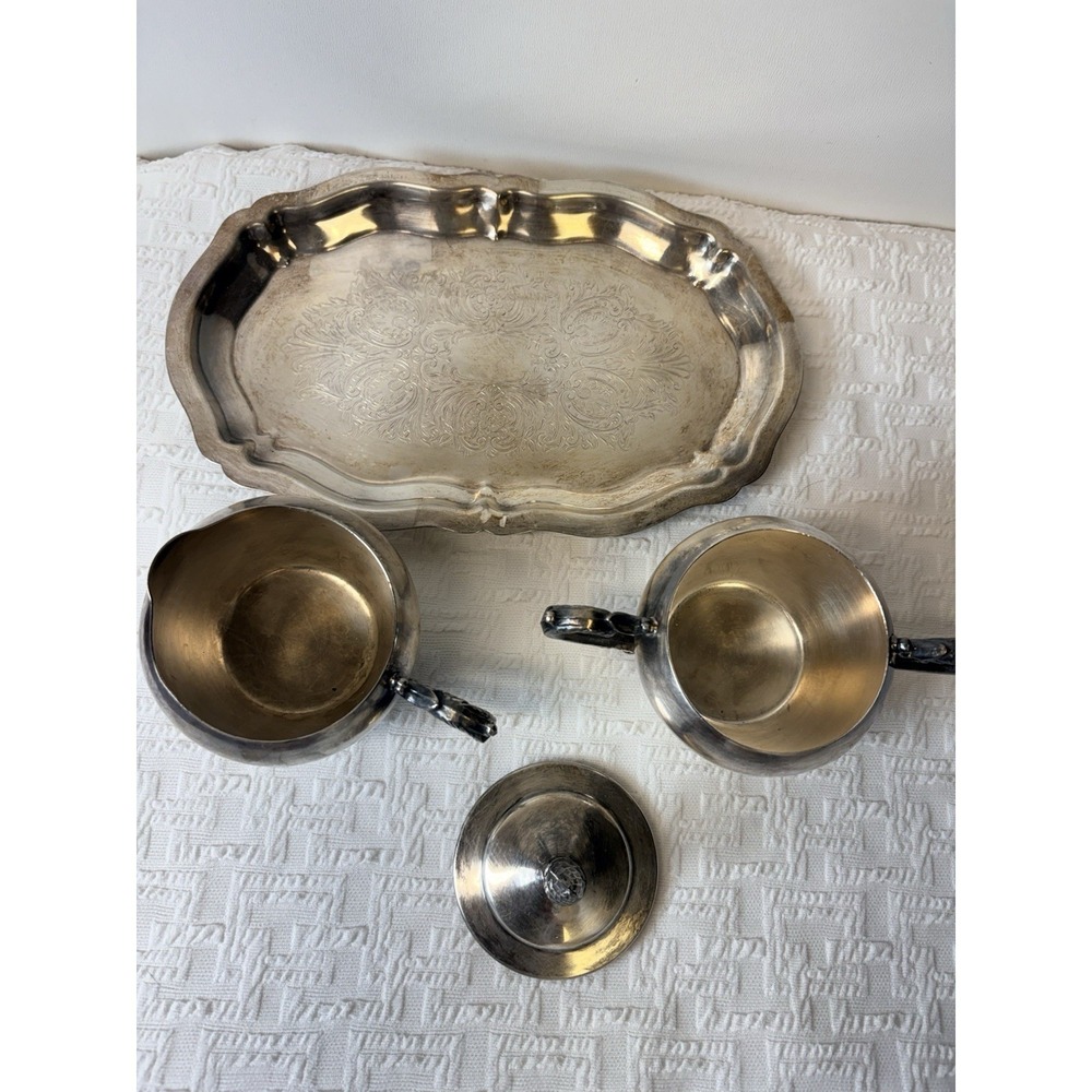 Vintage Silver toned Cream & Sugar With Tray (not Stamped) - Picture 2 of 3